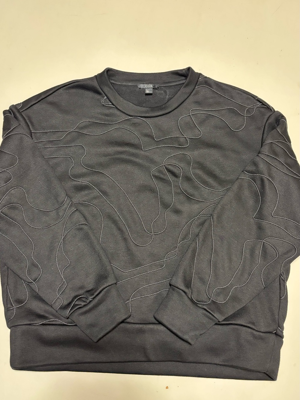 COS Black Sweatshirt With Gray Abstract Wavy Line Embroidery Size S Women's